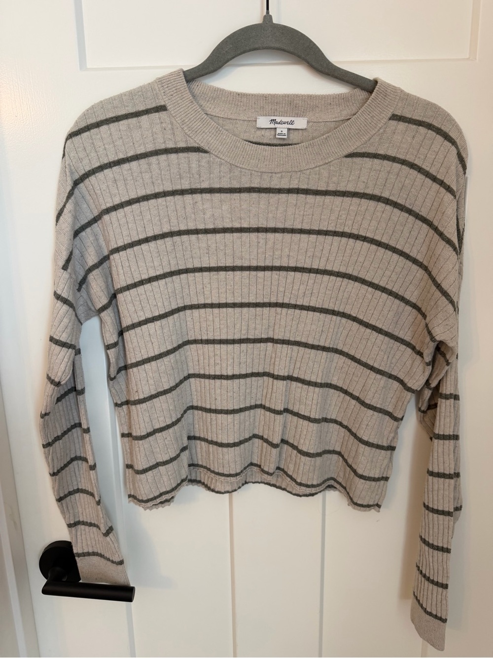 Madewell Beige Ribbed Crewneck Sweater with Charcoal Stripes